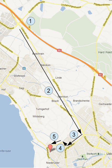 Empfholene Anfahrt von der Autobahn von Zürich aus